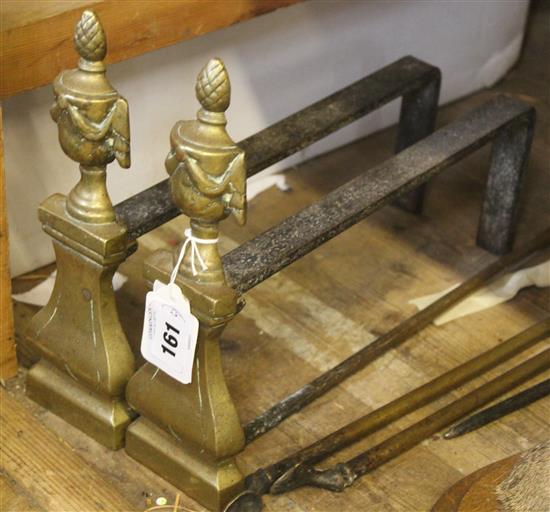 Brass fire irons and dogs(-)